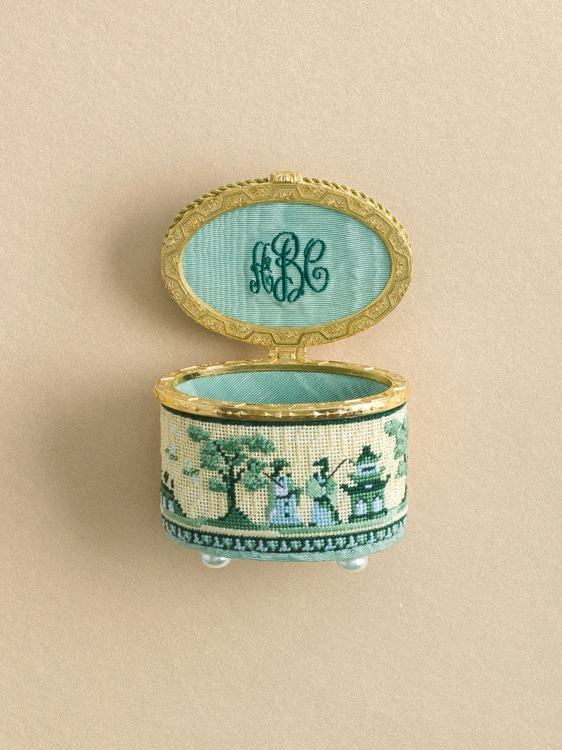 Toile Asian Green Hinged Box With Gold Hardware needlepoint canvas by Funda Scully