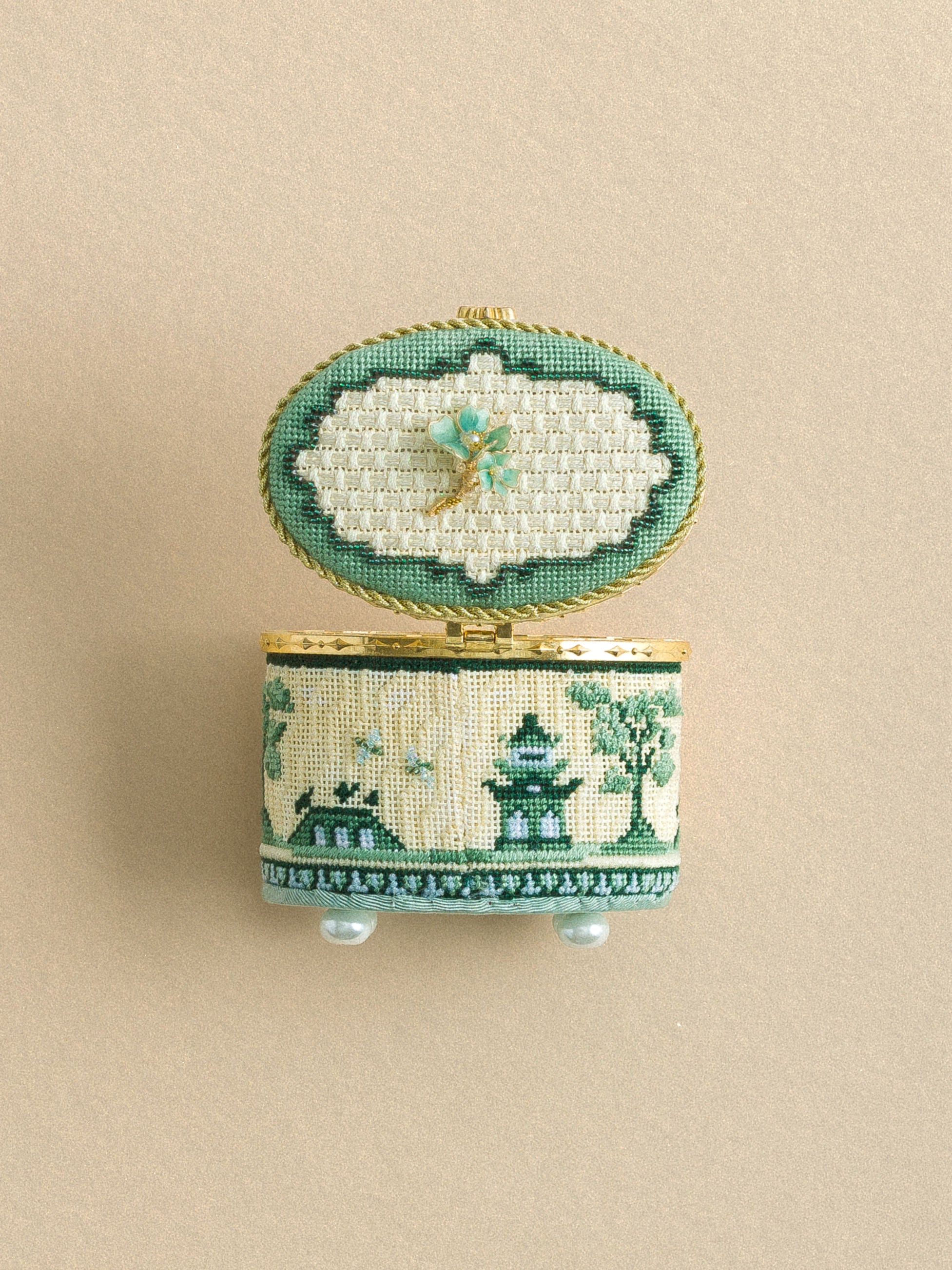 Toile Asian Green Hinged Box With Gold Hardware needlepoint canvas by Funda Scully