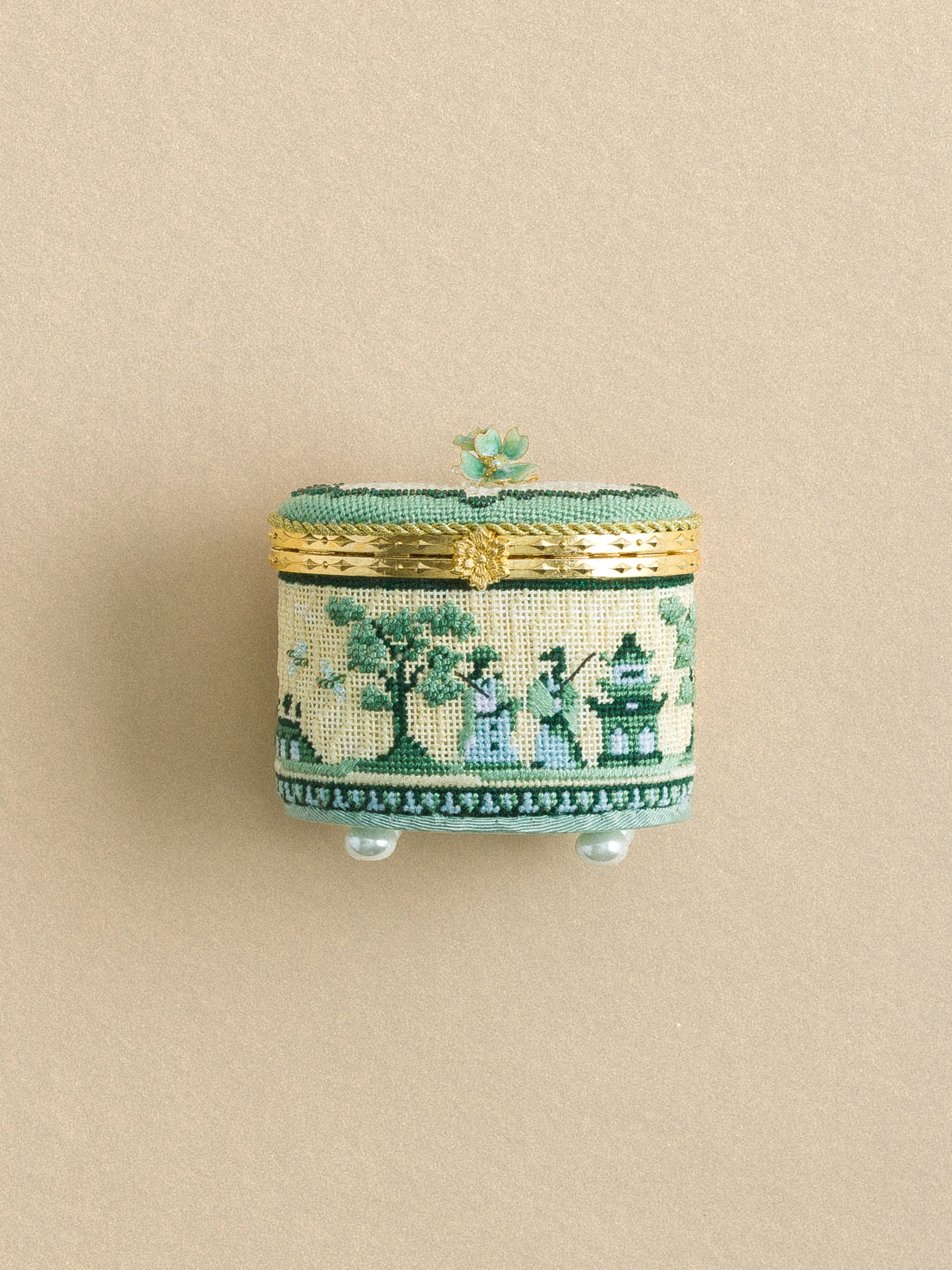 Toile Asian Hinged Box with Gold Hardware