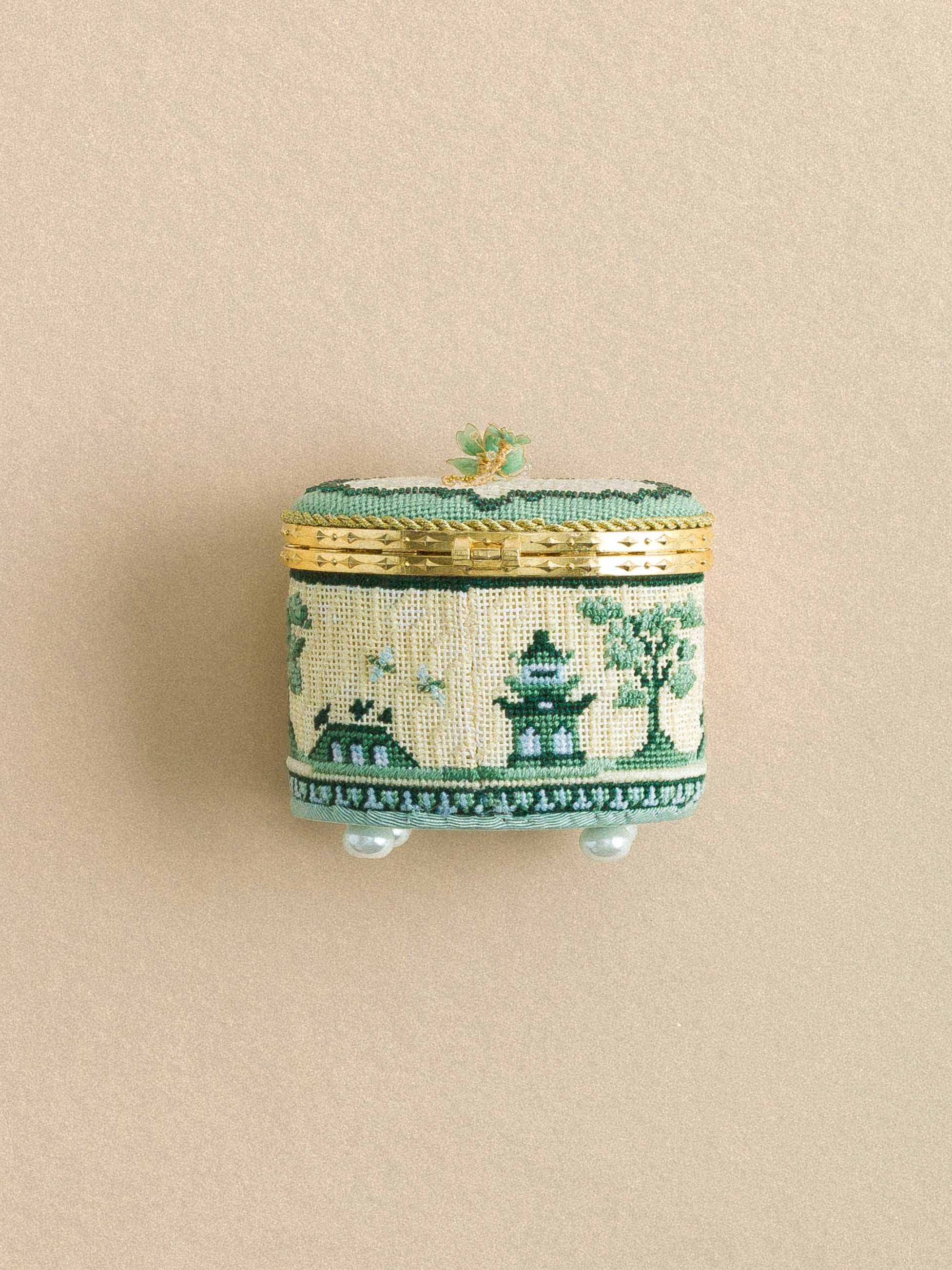 Toile Asian Green Hinged Box With Gold Hardware needlepoint canvas by Funda Scully