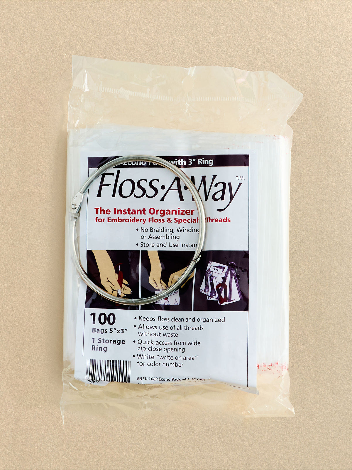 Floss-A-Way Thread Organizer Bags 100-Count with 3" Ring